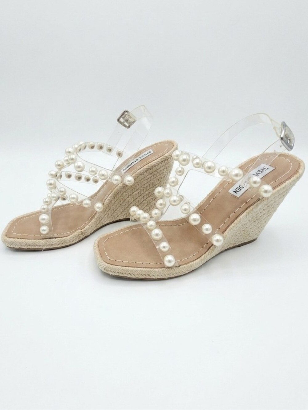 NWOT Steve Madden Beige Espadrille Wedge Sandals with Pearl-Strap Detail